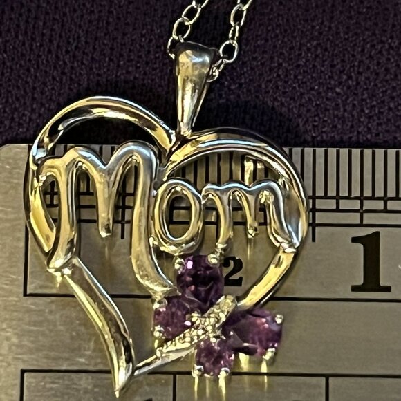 Sterling Silver MOM Heart Pendant, Amethyst & Diamond Accent - Mother’s Day Gift - Picture 8 of 13